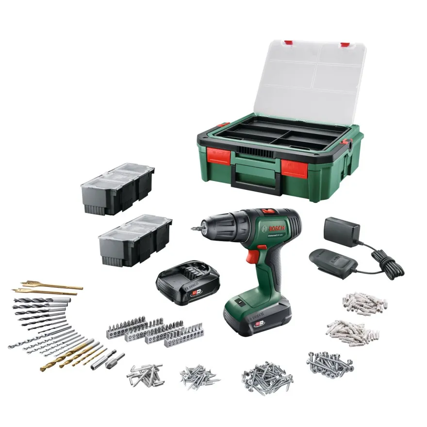 Akkuporakone Bosch UniversalDrill 18V, 2x1.5Ah akuilla, 241 tarviketta + SystemBox