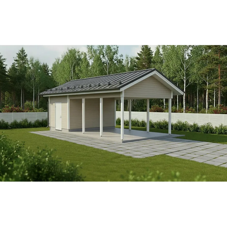Autokatoksen runkopaketti, yhden auton avoin katos kylmällä varastolla, kerrosala 13 m²