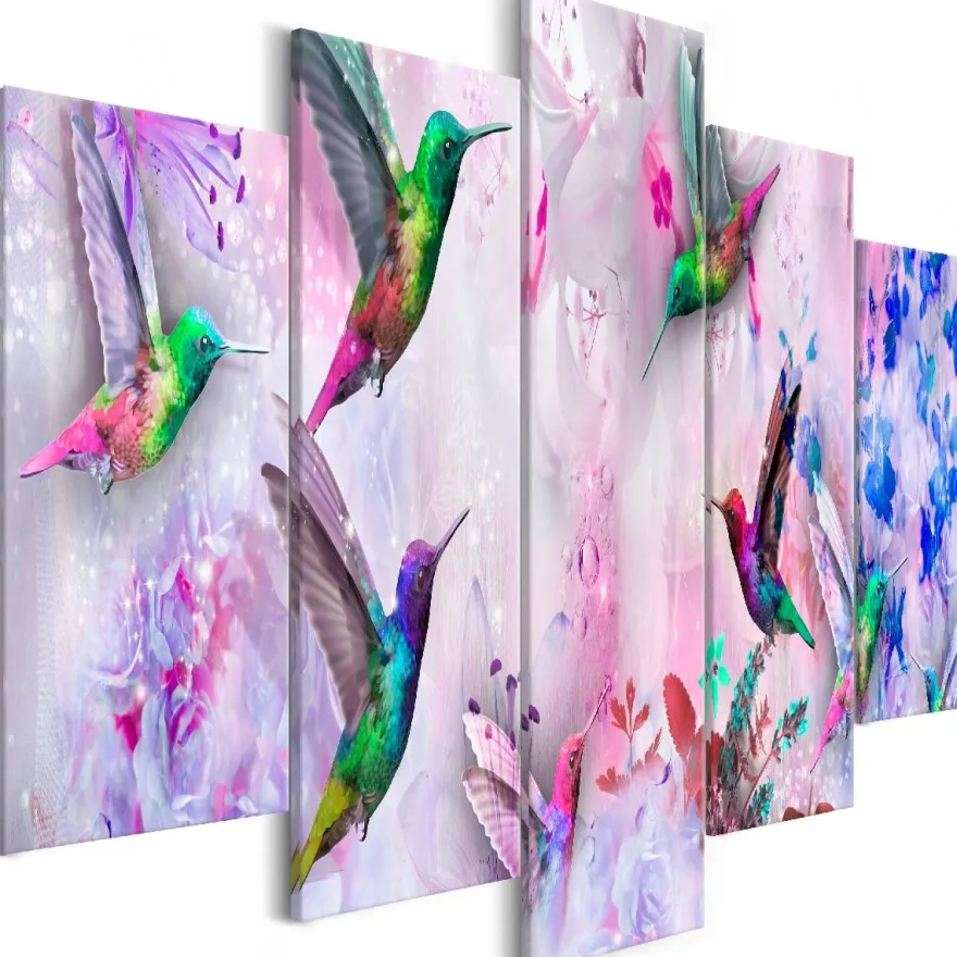 Canvas-taulu Artgeist Colourful Hummingbirds Violet, 5-osainen, leveä, eri kokoja