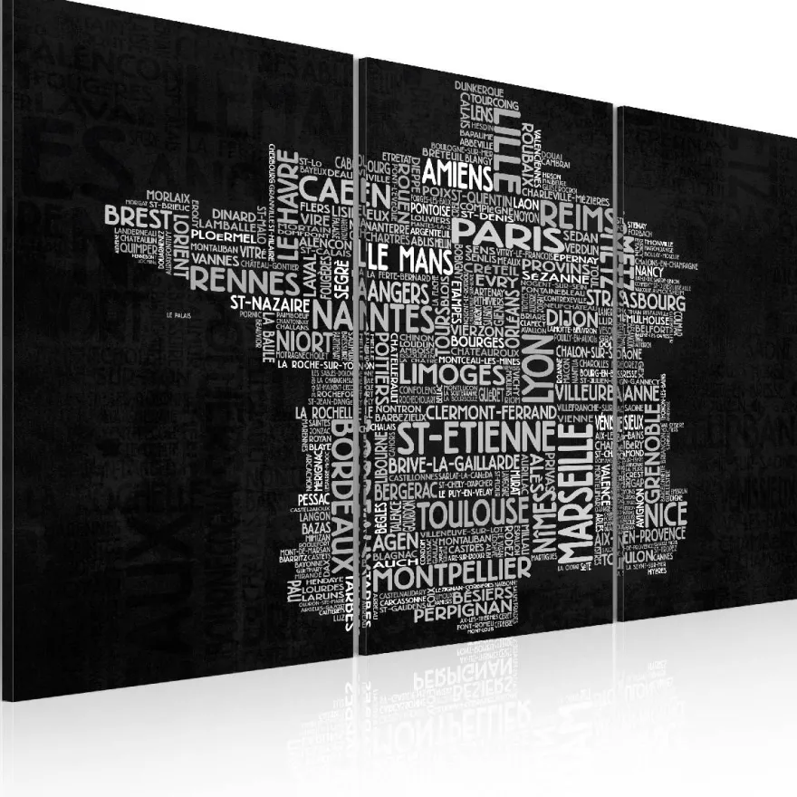 Canvas-taulu Artgeist Text map of France on the black background, 3-osainen, eri kokoja