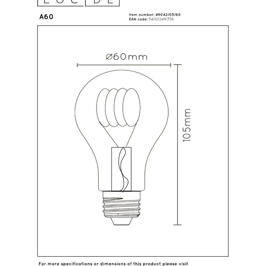 Filamenttilamppu Lucide A60, Ø6cm, IP20, 4.9W, kirkas
