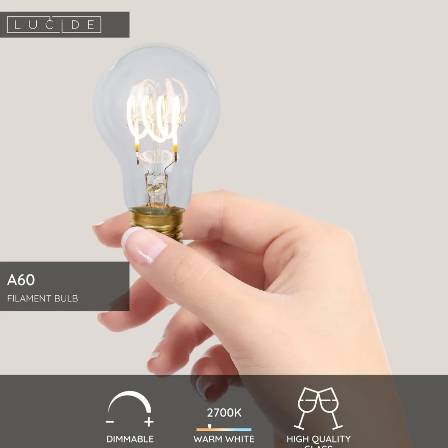 Filamenttilamppu Lucide A60, Ø6cm, IP20, 4.9W, kirkas