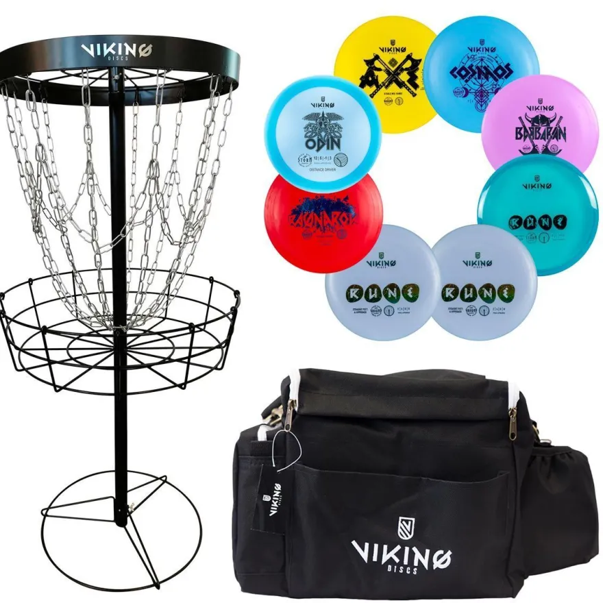 Frisbeegolfsetti Viking Discs Challenger, sis. kori, 8 kiekkoa ja varustelaukku