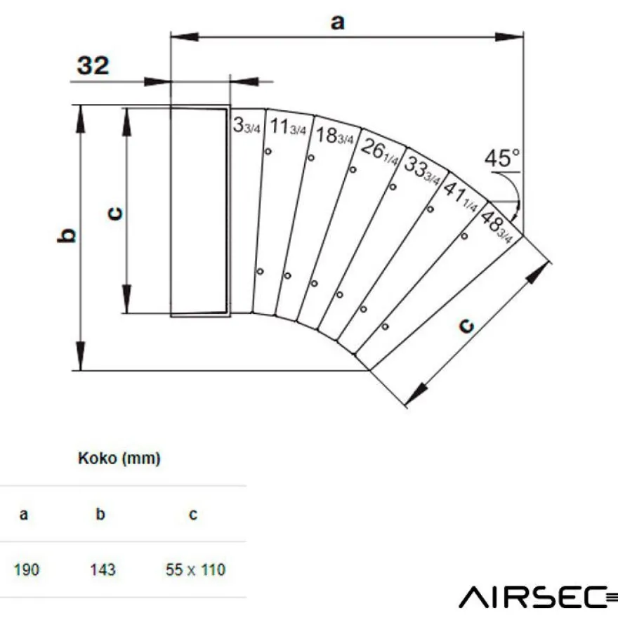 IV-kanavan käyrä Airsec 55x110 mm, 0-45°, horisontaalinen, muovi