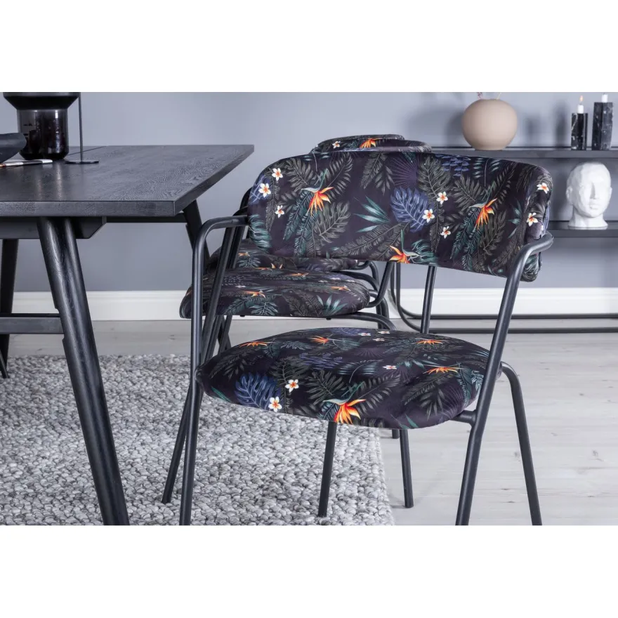 Jatkettava ruokailuryhmä Venture Home, 195/280x95cm musta Sleek + 6 mustaa Arrow-tuolia, kukkakuosi, sametti
