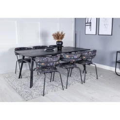 Jatkettava ruokailuryhmä Venture Home, 195/280x95cm musta Sleek + 6 mustaa Arrow-tuolia, kukkakuosi, sametti