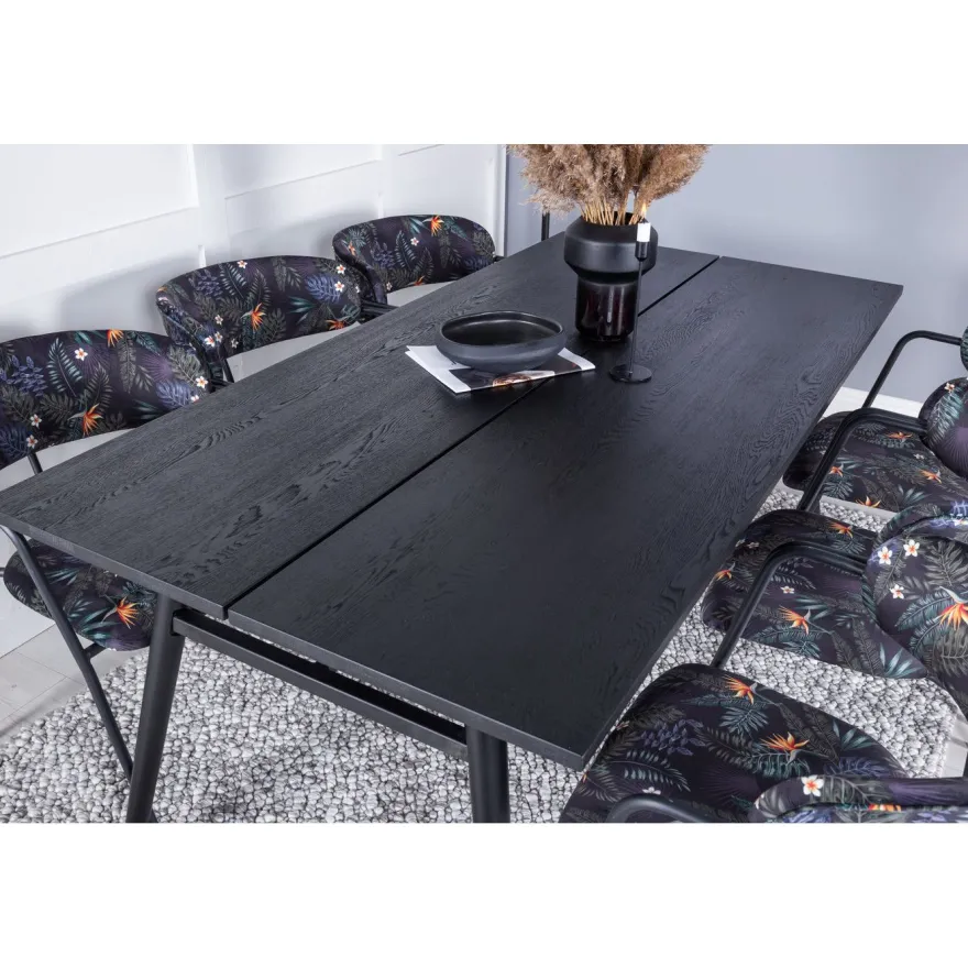Jatkettava ruokailuryhmä Venture Home, 195/280x95cm musta Sleek + 6 mustaa Arrow-tuolia, kukkakuosi, sametti