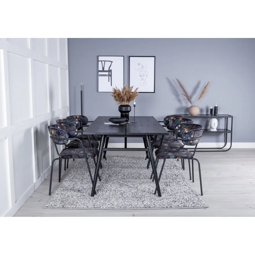 Jatkettava ruokailuryhmä Venture Home, 195/280x95cm musta Sleek + 6 mustaa Arrow-tuolia, kukkakuosi, sametti