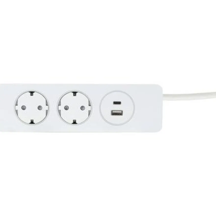 Jatkojohto Gelia 2+1+1 Kombi, 2m, 2-osainen + 1xUSB-A + 1xUSB-C, valkoinen/harmaa