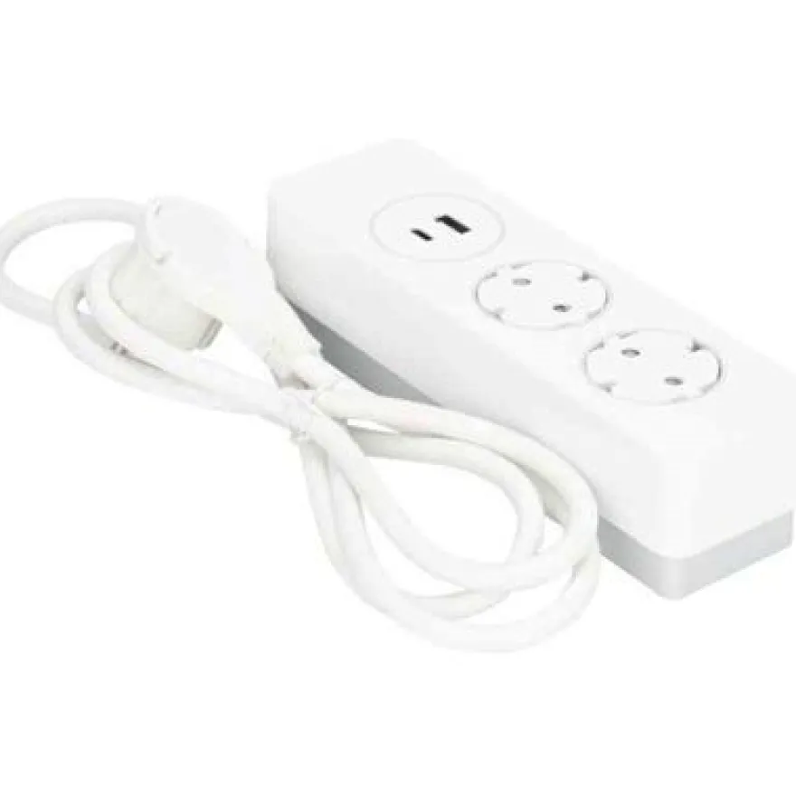 Jatkojohto Gelia 2+1+1 Kombi, 2m, 2-osainen + 1xUSB-A + 1xUSB-C, valkoinen/harmaa