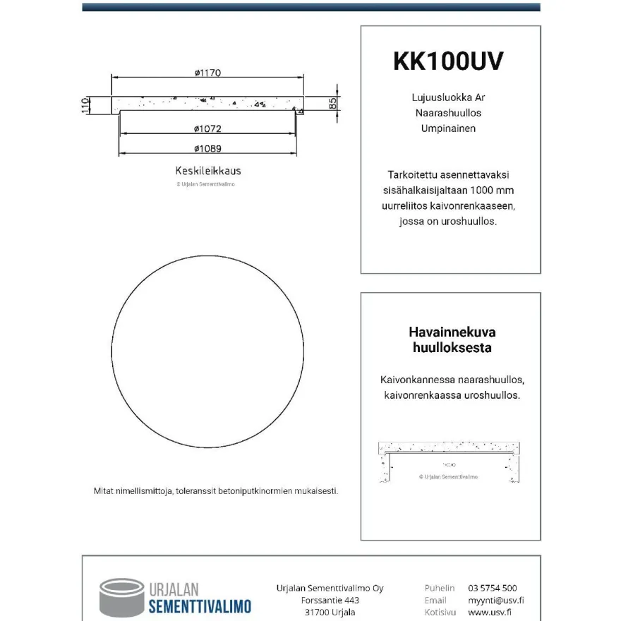 Kaivonkansi, umpinainen, ø 1000 mm, naarashuullos