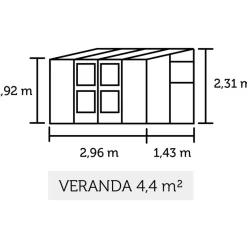 Kasvihuone Veranda 4,4m², antrasitmusta alumiinirunko, turvalasit, kennolevykatto