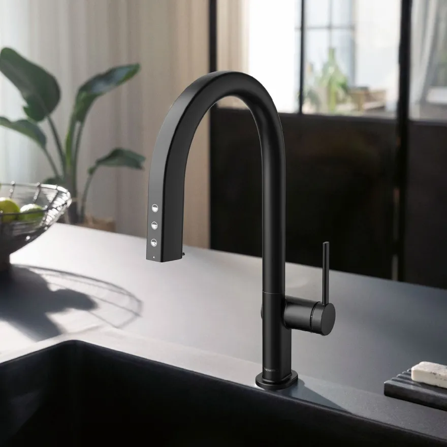 Keittiöhana Hansgrohe Aqittura M91 SodaSystem 210, ulosvedettävä juoksuputki 1jet, sBox, setti, mattamusta