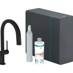 Keittiöhana Hansgrohe Aqittura M91 SodaSystem 210, ulosvedettävä juoksuputki 1jet, sBox, setti, mattamusta