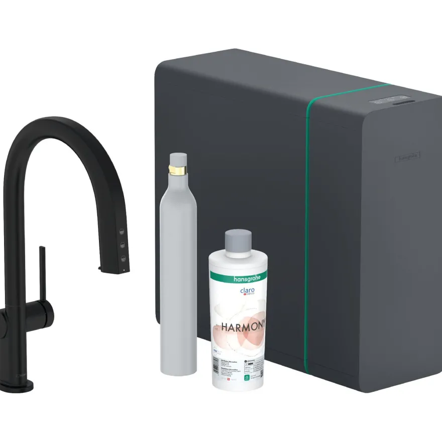 Keittiöhana Hansgrohe Aqittura M91 SodaSystem 210, ulosvedettävä juoksuputki 1jet, sBox, setti, mattamusta