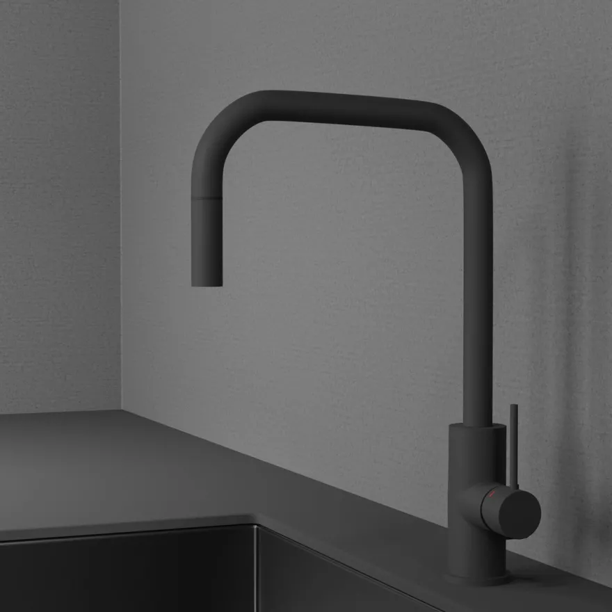 Keittiöhana Scandtap Steel Accent Square Coal D, APK-liitäntä, ulosvedettävä juoksuputki, mattamusta