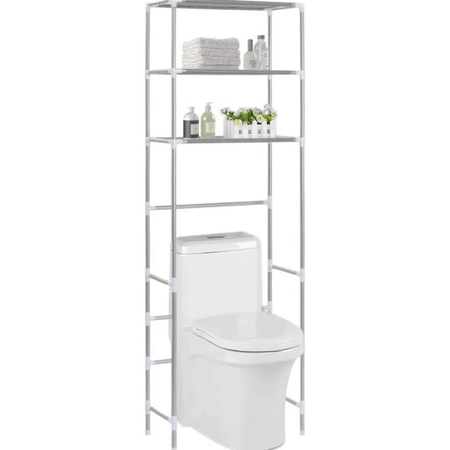 3-kerroksinen säilytyshylly wc-pytyn ylle hopea 53x28x169 cm