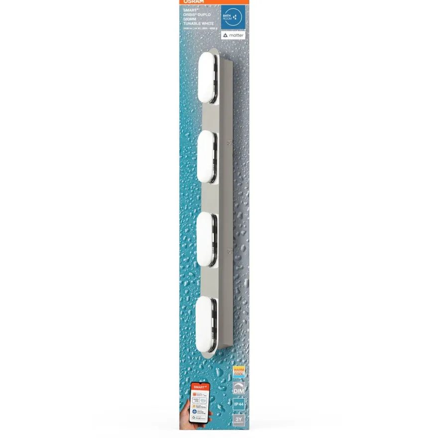 Kylpyhuoneen seinävalaisin Osram Smart+ Matter Orbis Duplo IP44 Tunable White hopea, eri kokoja