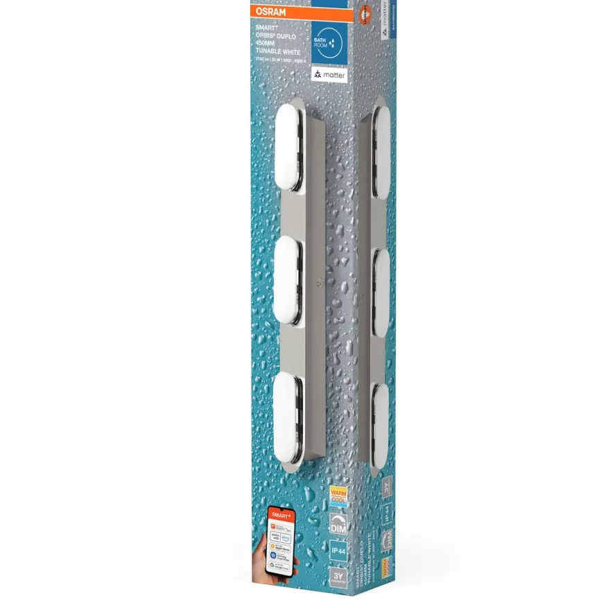 Kylpyhuoneen seinävalaisin Osram Smart+ Matter Orbis Duplo IP44 Tunable White hopea, eri kokoja