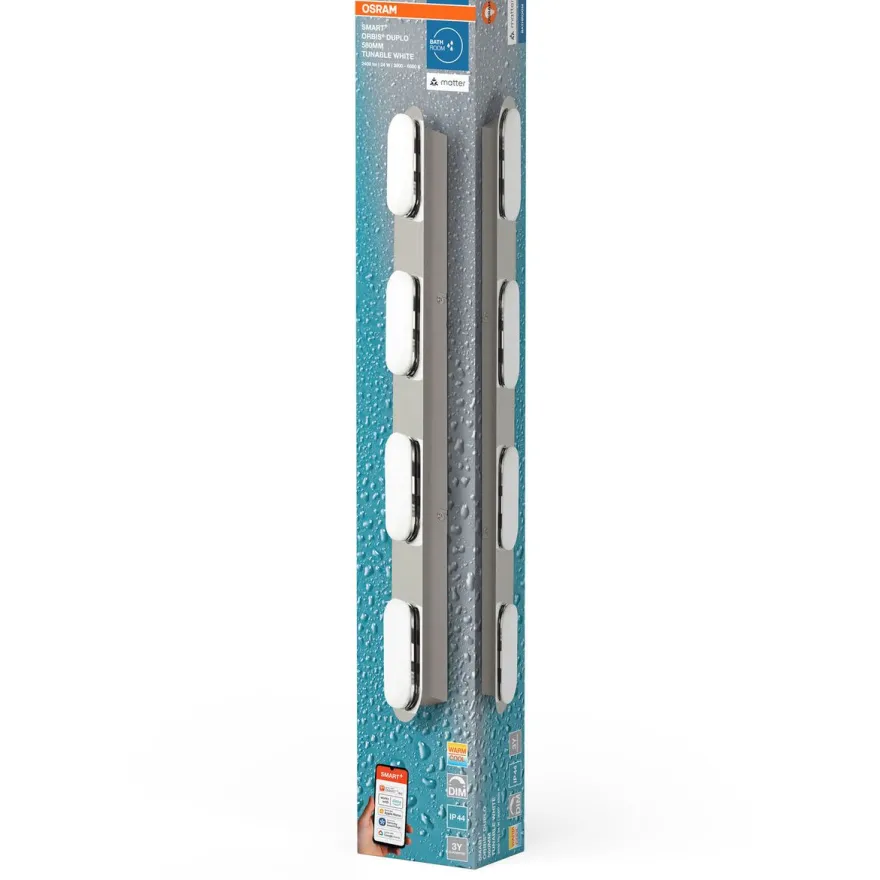 Kylpyhuoneen seinävalaisin Osram Smart+ Matter Orbis Duplo IP44 Tunable White hopea, eri kokoja