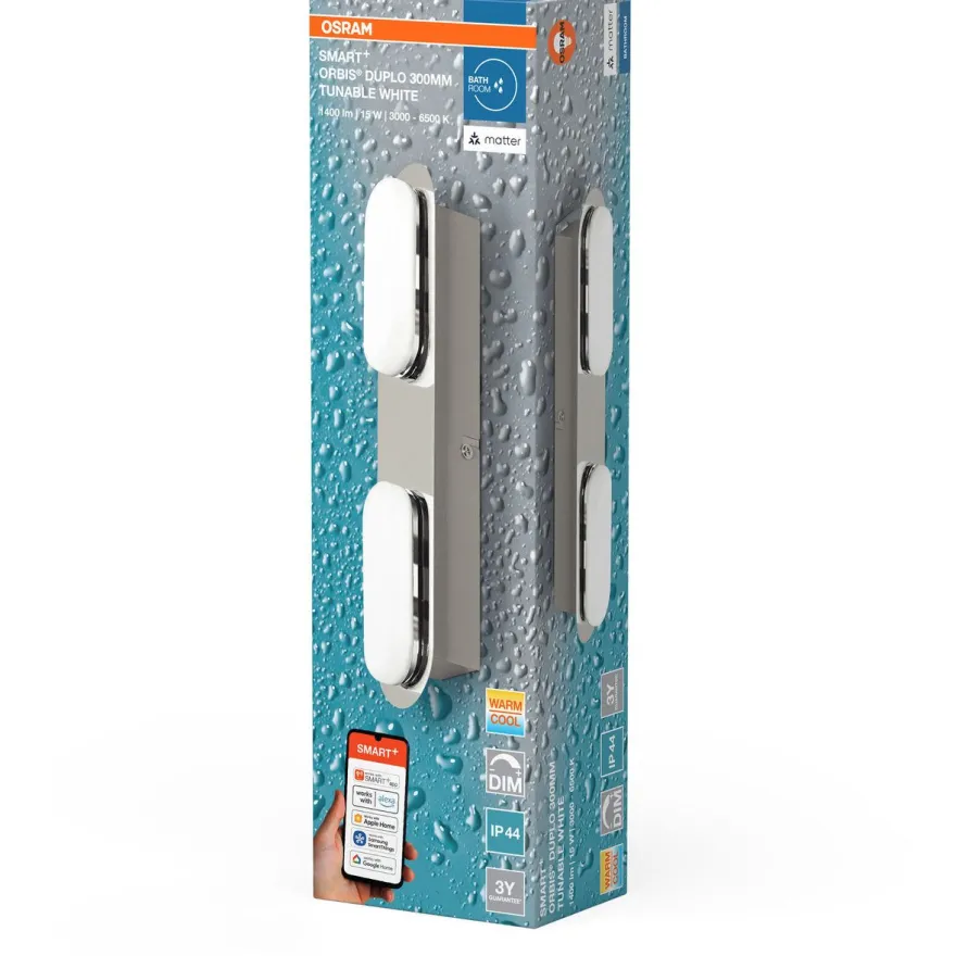Kylpyhuoneen seinävalaisin Osram Smart+ Matter Orbis Duplo IP44 Tunable White hopea, eri kokoja