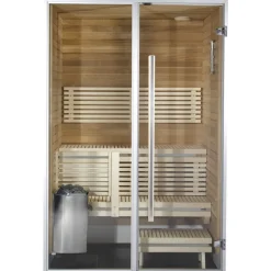 Kylpyhuonesauna Sirius Formula, 1400x1240, eri materiaaleja, lämpökäsitelty panelointi