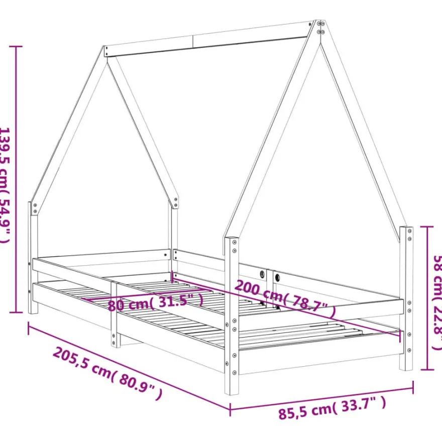 Lasten sängynrunko Talo 80x200 cm, mäntyä, musta