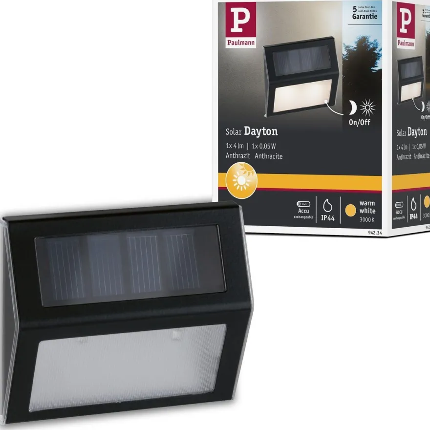 LED-aurinkokennovalaisin portaille Paulmann Dayton, IP44, 3000K, hämärätunnistin, antrasiitti