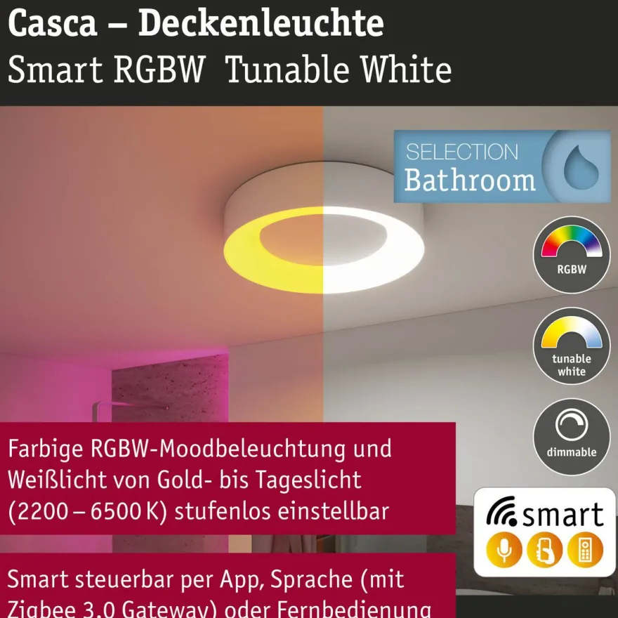 LED-kattovalaisin Paulmann Smart Home Zigbee 3.0 Casca, Ø40cm, IP44, RGBW+, 1750lm, 230V, 20W, himmennettävä