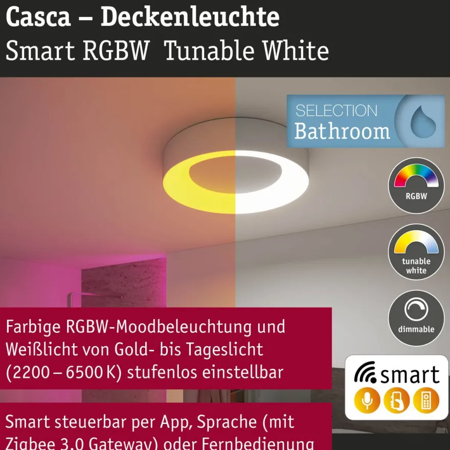 LED-kattovalaisin Paulmann Smart Home Zigbee 3.0 Casca, Ø40cm, IP44, RGBW+, 1750lm, 230V, 20W, himmennettävä