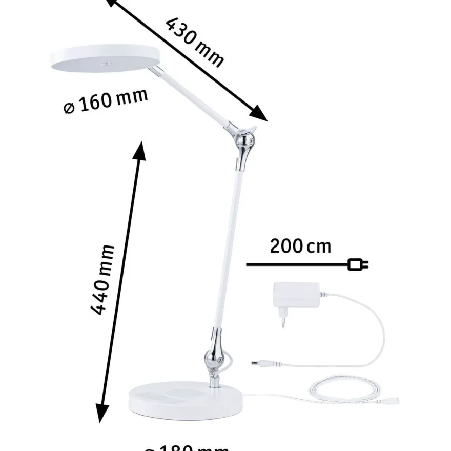 LED-pöytävalaisin Paulmann Numis Qi, 1000lm, 11W, himmennettävä, säädettävä värilämpötila, valkoinen
