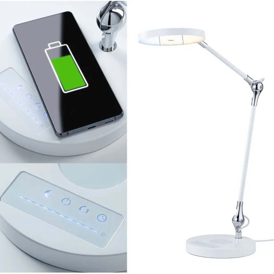 LED-pöytävalaisin Paulmann Numis Qi, 1000lm, 11W, himmennettävä, säädettävä värilämpötila, valkoinen