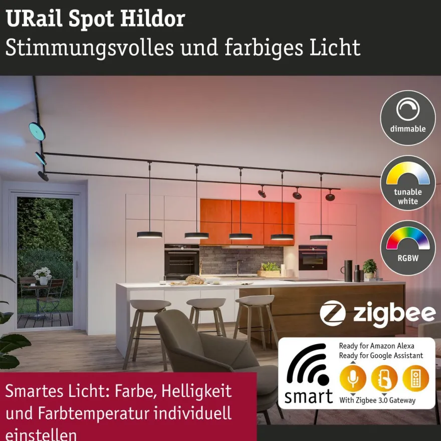 LED-spottivalaisin kiskoon Paulmann URail Smart Home Zigbee 3.0 Hildor, Ø18cm, 500lm, 7.5W, RGBW+, himmennettävä, 230V