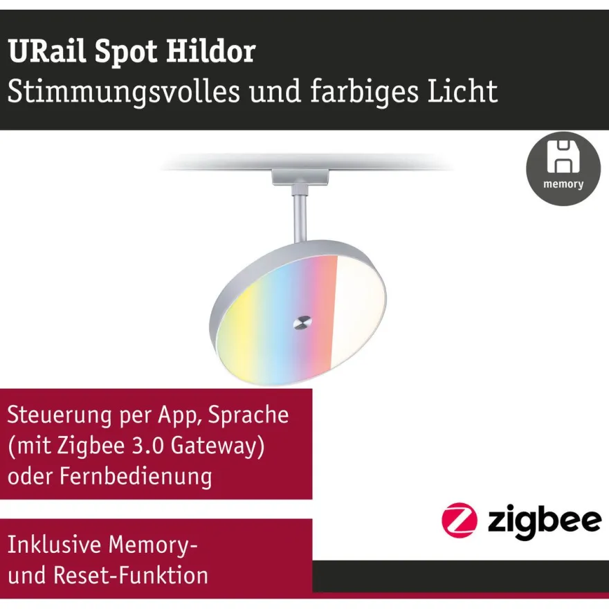 LED-spottivalaisin kiskoon Paulmann URail Smart Home Zigbee 3.0 Hildor, Ø18cm, 500lm, 7.5W, RGBW+, himmennettävä, 230V