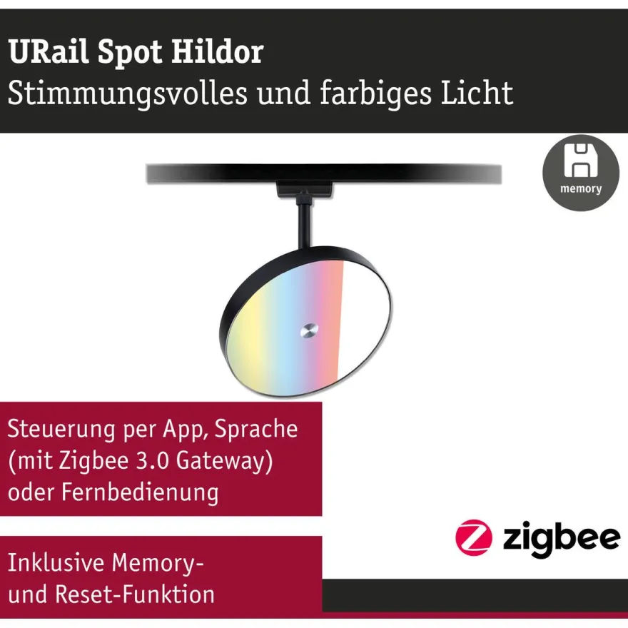 LED-spottivalaisin kiskoon Paulmann URail Smart Home Zigbee 3.0 Hildor, Ø18cm, 500lm, 7.5W, RGBW+, himmennettävä, 230V