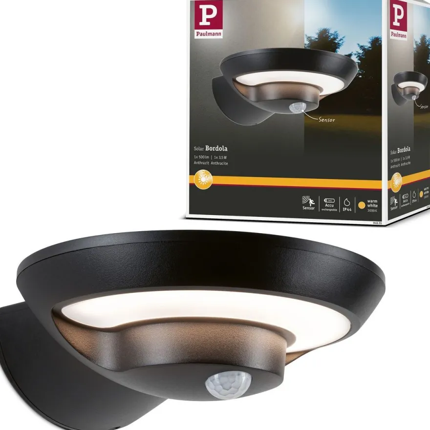 LED-ulkoseinävalaisin aurinkokennolla Paulmann Bordola, IP44, 3000K, hämärätunnistin, antrasiitti