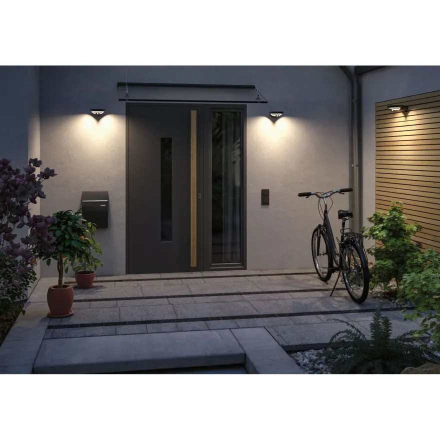 LED-ulkoseinävalaisin aurinkokennolla Paulmann Bordola, IP44, 3000K, hämärätunnistin, antrasiitti