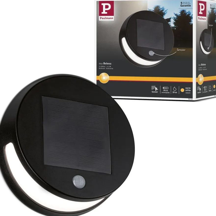 LED-ulkoseinävalaisin aurinkokennolla Paulmann Helena, IP44, 3000K, liiketunnistin, antrasiitti