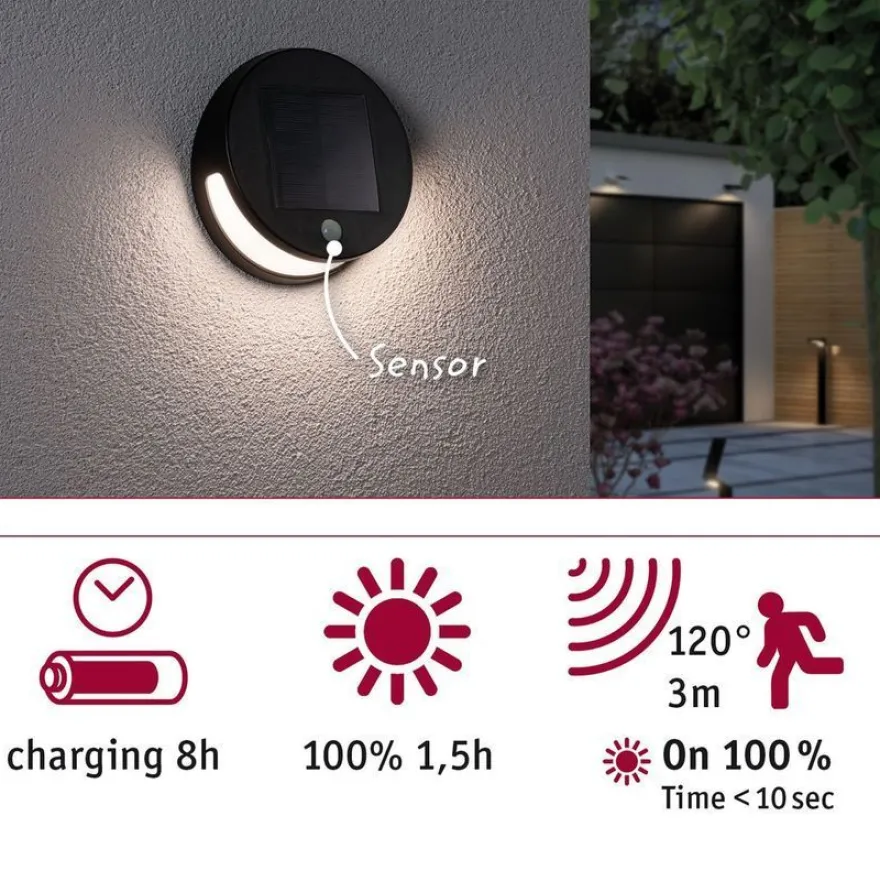 LED-ulkoseinävalaisin aurinkokennolla Paulmann Helena, IP44, 3000K, liiketunnistin, antrasiitti