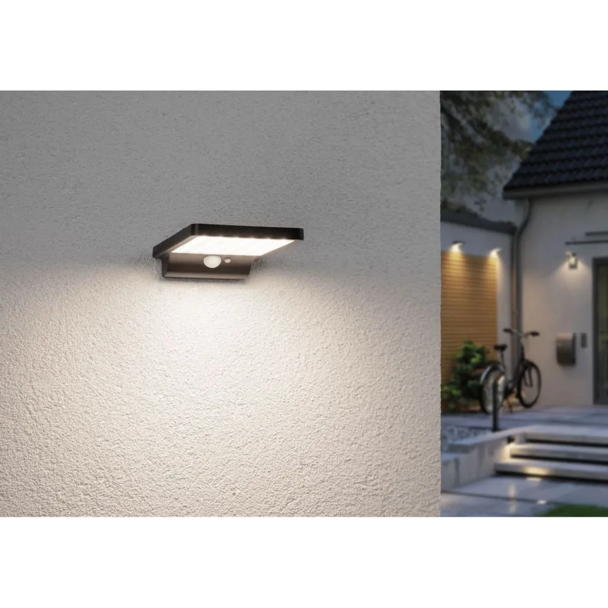 LED-ulkoseinävalaisin aurinkokennolla Paulmann Solveig, IP44, 3000K, liike- ja hämärätunnistin, musta