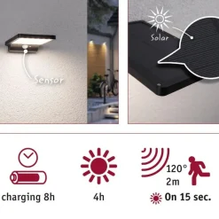 LED-ulkoseinävalaisin aurinkokennolla Paulmann Solveig, IP44, 3000K, liike- ja hämärätunnistin, musta