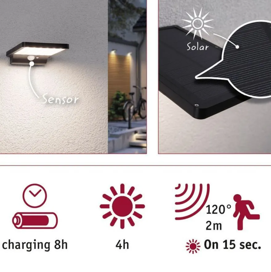 LED-ulkoseinävalaisin aurinkokennolla Paulmann Solveig, IP44, 3000K, liike- ja hämärätunnistin, musta