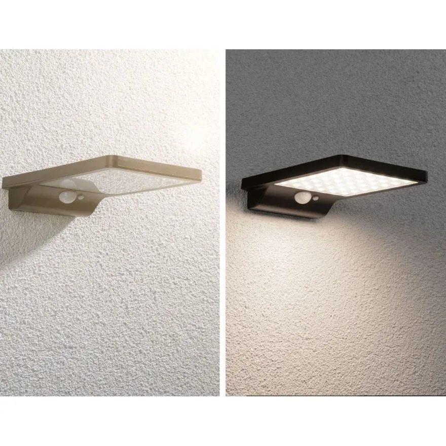 LED-ulkoseinävalaisin aurinkokennolla Paulmann Solveig, IP44, 3000K, liike- ja hämärätunnistin, musta