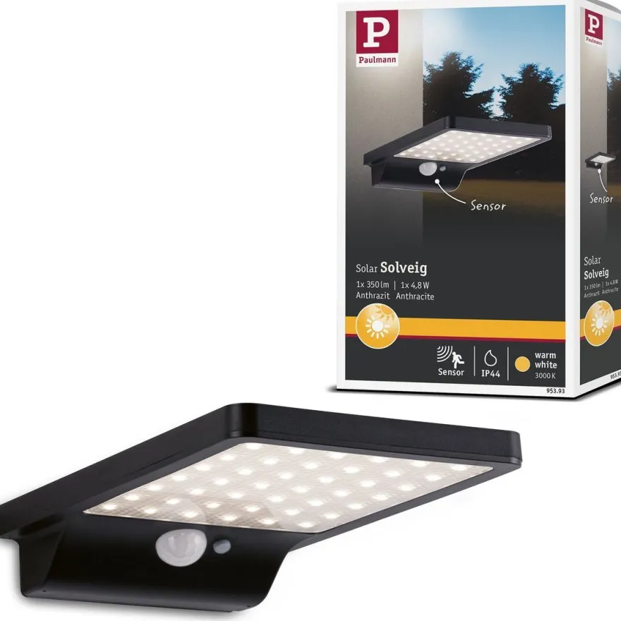 LED-ulkoseinävalaisin aurinkokennolla Paulmann Solveig, IP44, 3000K, liike- ja hämärätunnistin, musta