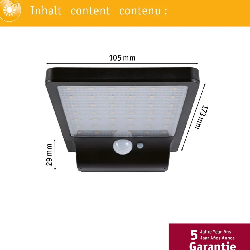 LED-ulkoseinävalaisin aurinkokennolla Paulmann Solveig, IP44, 3000K, liike- ja hämärätunnistin, musta