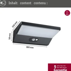 LED-ulkoseinävalaisin liiketunnistimella Paulmann Ronea, IP44, 18x25cm, 7.4W, 3000K, tummanharmaa