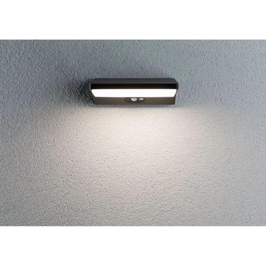 LED-ulkoseinävalaisin liiketunnistimella Paulmann Ronea, IP44, 18x25cm, 7.4W, 3000K, tummanharmaa