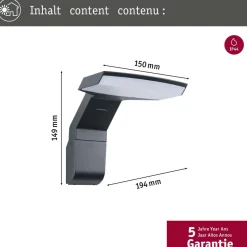 LED-ulkoseinävalaisin liiketunnistimella Paulmann Zenera, IP44, 2200-3000K, korroosionkestävä, antrasiitti