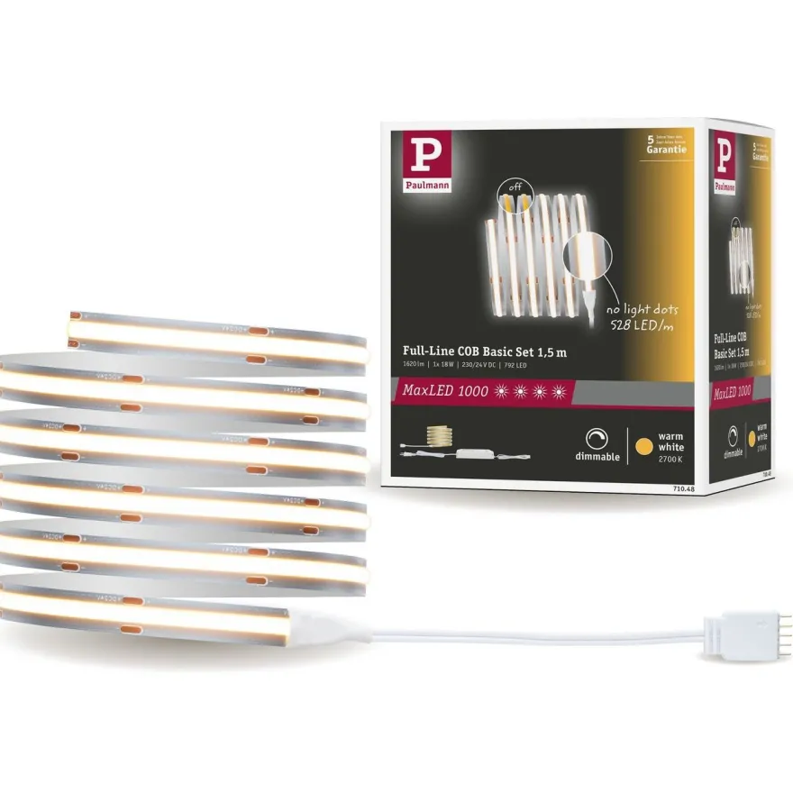 LED-valonauha Paulmann MaxLED 1000 Full-Line COB, aloituspakkaus, 1.5m, 18W, 1080lm/m, 528LEDs/m, 2700K, 40VA