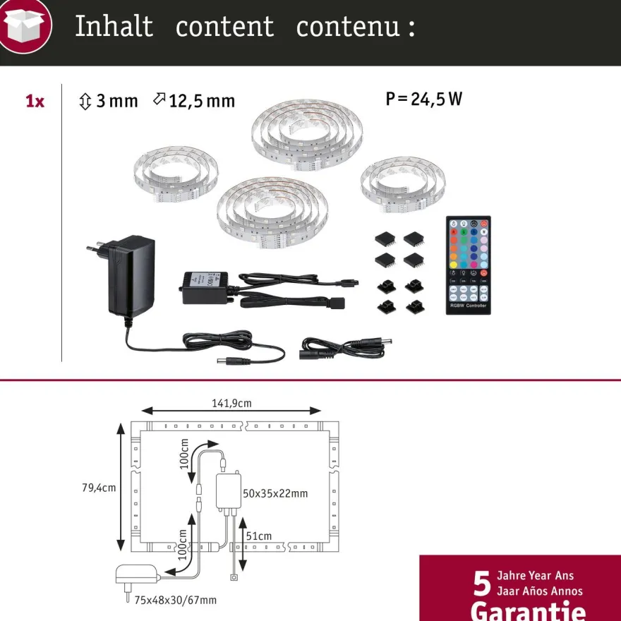 LED-valonauha Paulmann MaxLED 250 TV Comfort, aloituspakkaus, 4.3m, 22W, 234lm/m, 28LEDs/m, RGBW+, 24VA